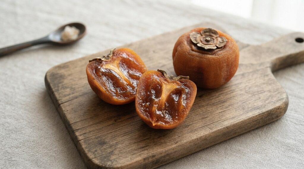 Sliced dried persimmons showing their soft chewy texture