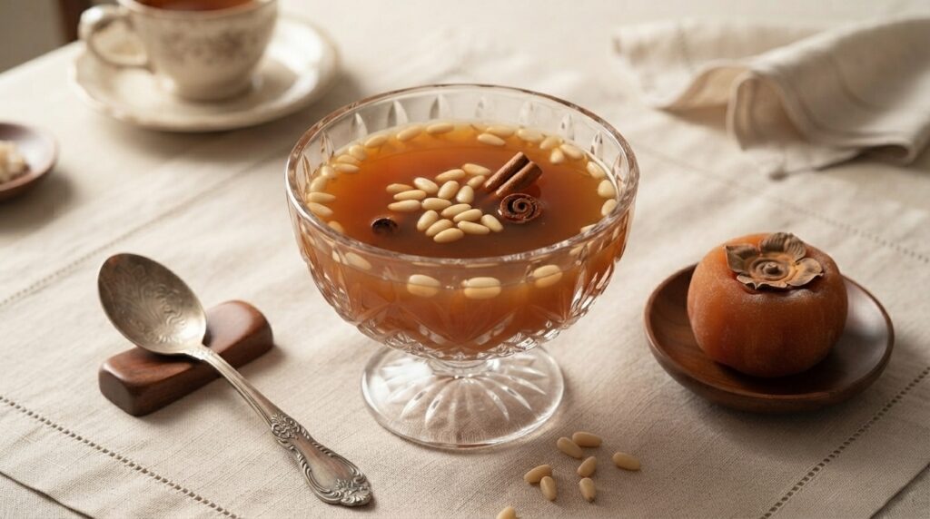 Traditional sujeonggwa persimmon punch garnished with pine nuts