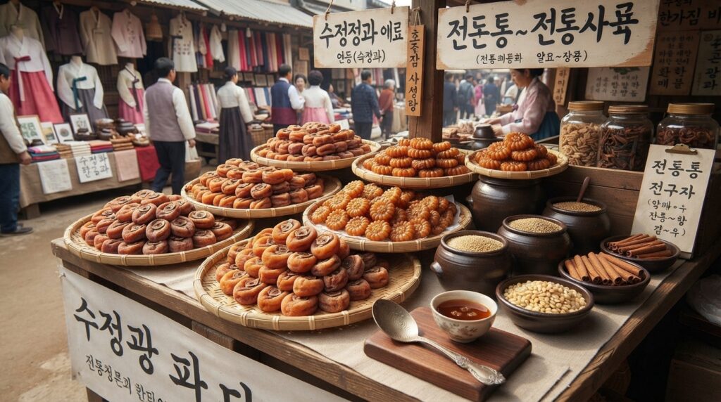 Vendor stall selling Korean dried persimmons at a traditional market