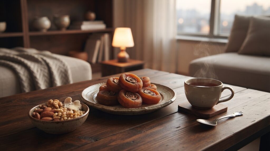 Colorful plate of Korean dried persimmons served with nuts and tea