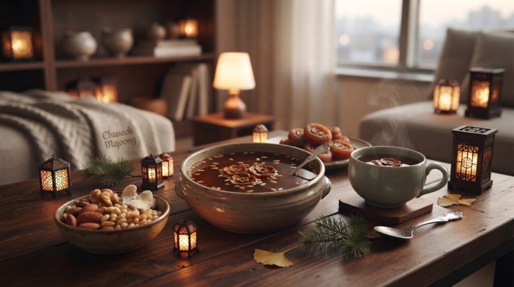 Festive Korean culture night table with persimmon punch and traditional lanterns