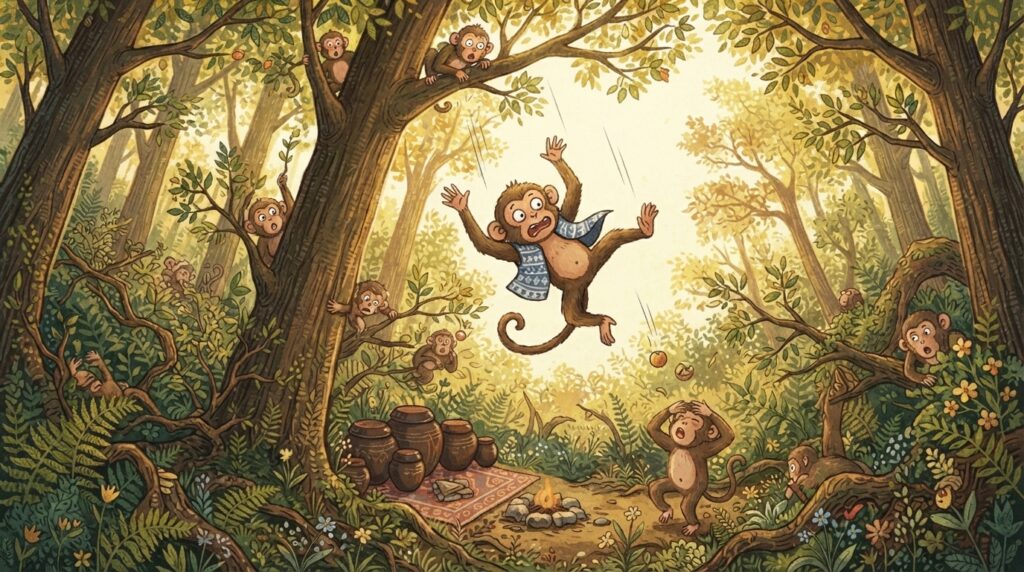 Playful monkey falling from a tree illustrating a Korean proverb