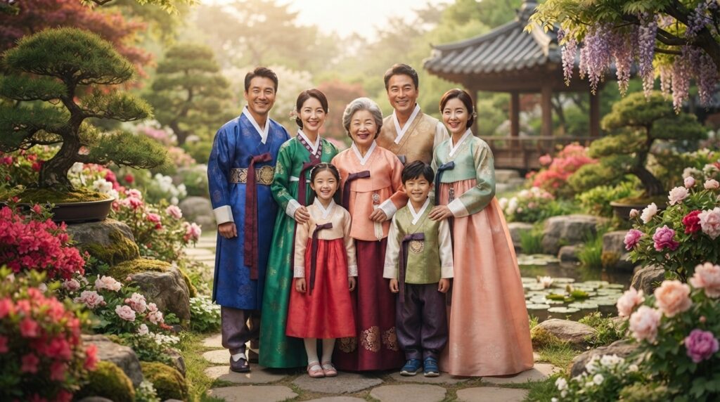 People in hanbok smiling in a Korean garden symbolizing harmony