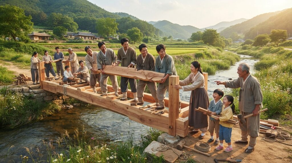 Team building a bridge together symbolizing Korean proverb on teamwork