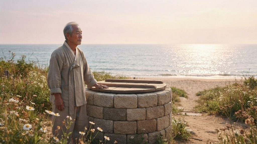 Elder by a well gazing at the ocean 