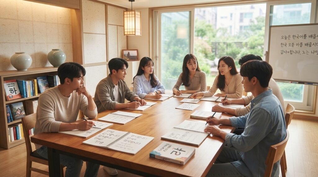 Students learning Korean proverbs in a cultural classroom setting