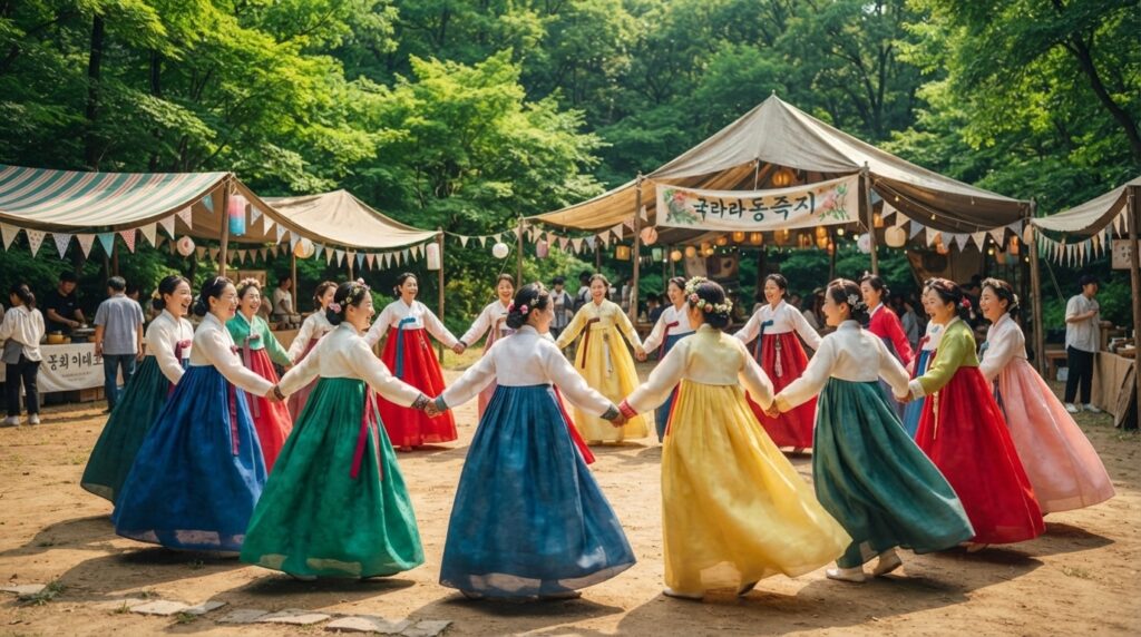 Gangneung Dano Festival dancers in hanbok performing ganggangsullae circle dance