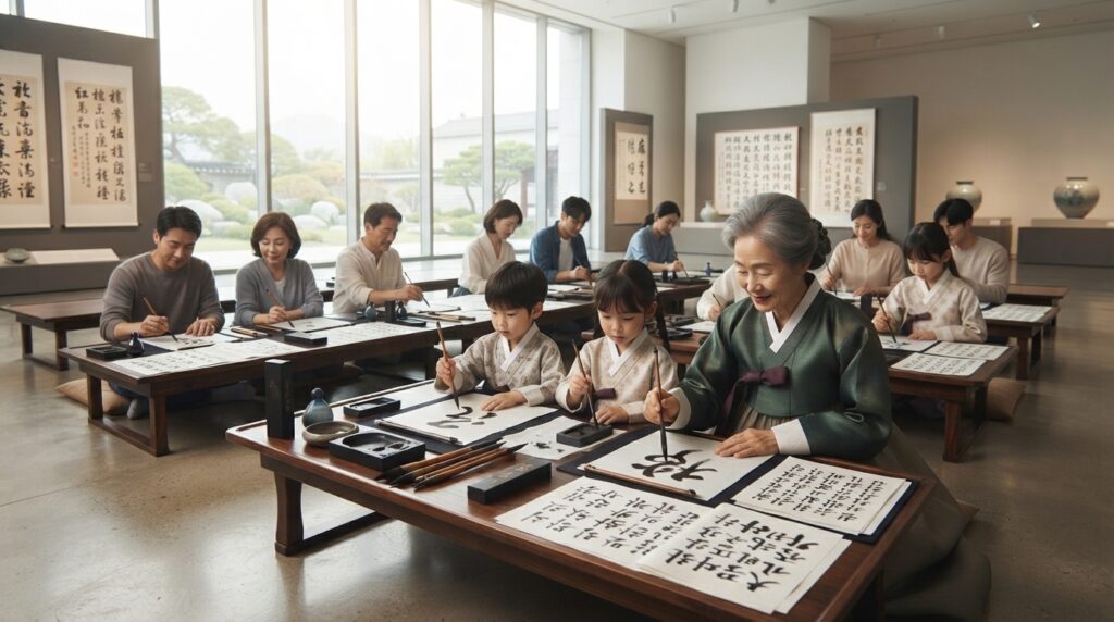 Visitors in hanbok practicing Korean calligraphy at a Hangul Day museum event