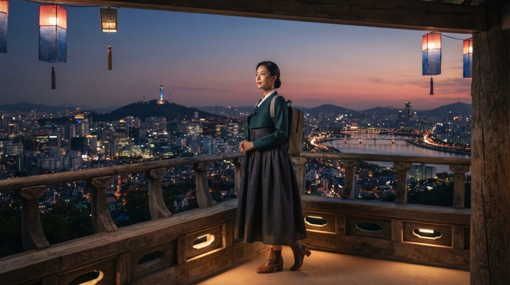 Traveler in hanbok admiring Seoul cityscape and lanterns from Namsan Tower