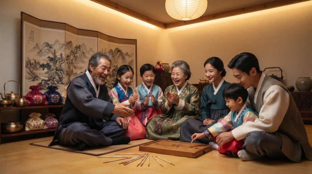 Children playing yutnori folk game with grandparents during Seollal celebration
