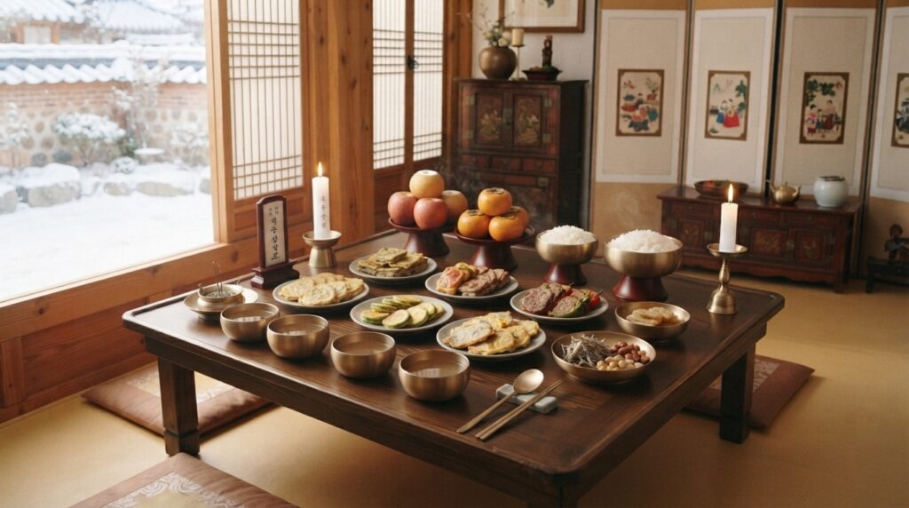Traditional Korean ancestor worship table with rice, fruits, and pancakes