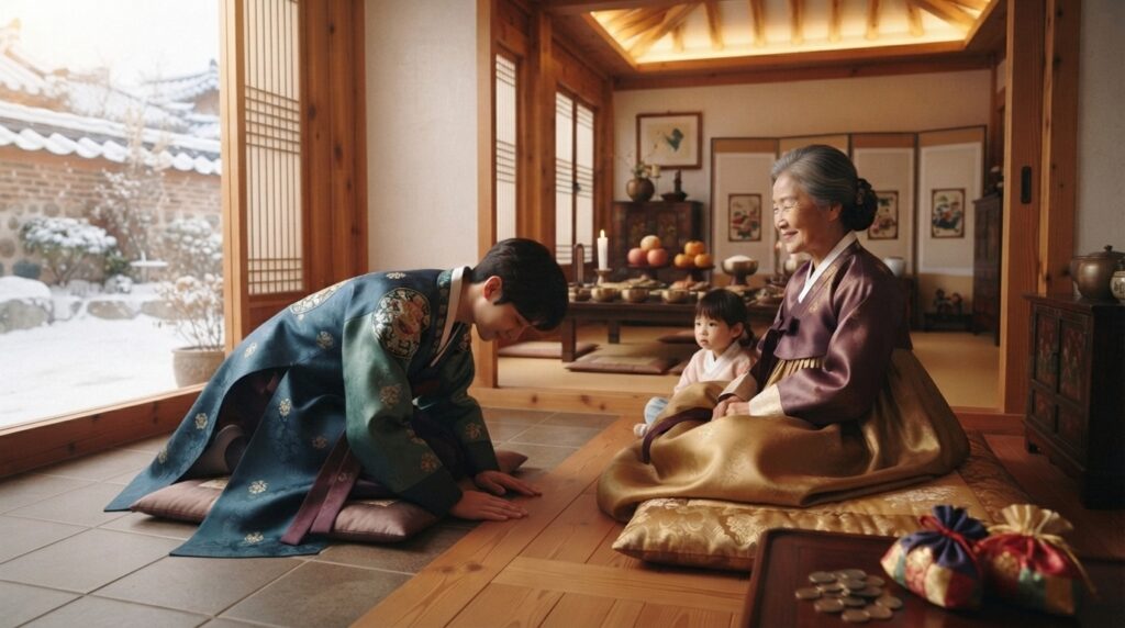 Young person in hanbok performing a respectful bow to an elder