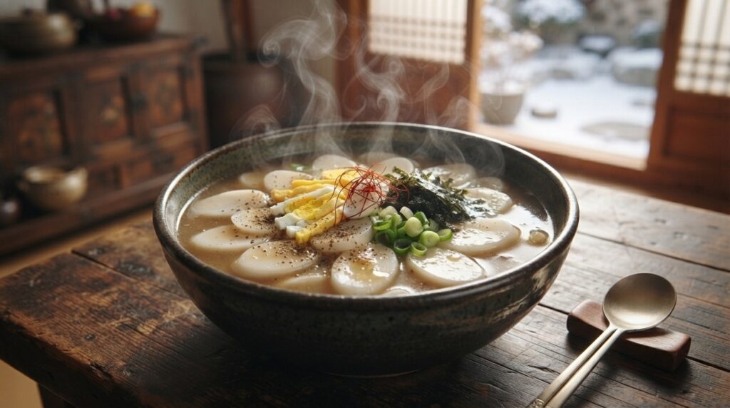 Steaming bowl of Korean rice cake soup garnished with egg and seaweed