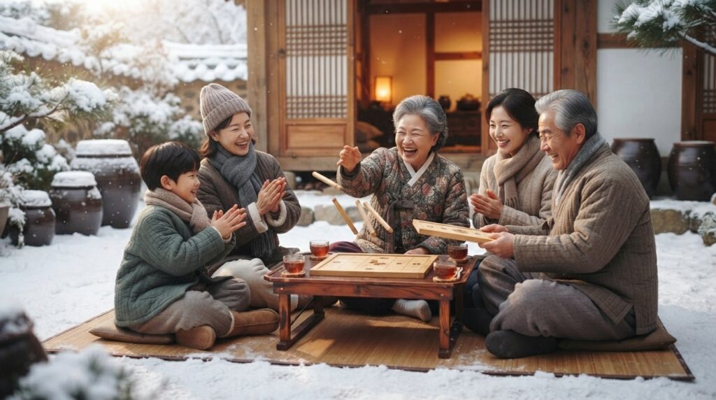 Korean family playing a traditional stick-throwing board game outdoors