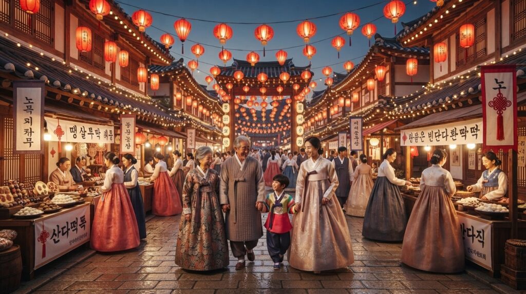 Bustling Seoul street decorated for Korean Lunar New Year celebrations