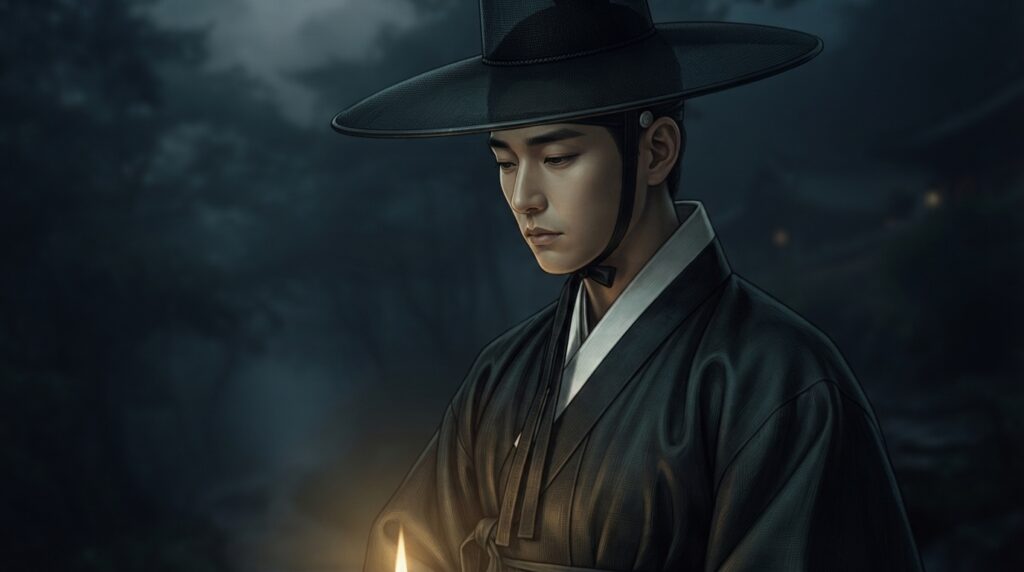 Traditional black hanbok and gat hat worn by Jeoseung Saja in Korean mythology
