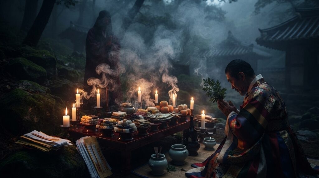 Korean shamanic gut ritual invoking Jeoseung Saja with incense and candlelight