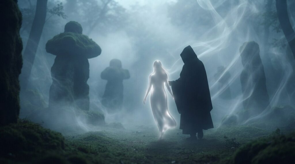 Jeoseung Saja guiding a glowing soul through a misty Korean afterlife scene