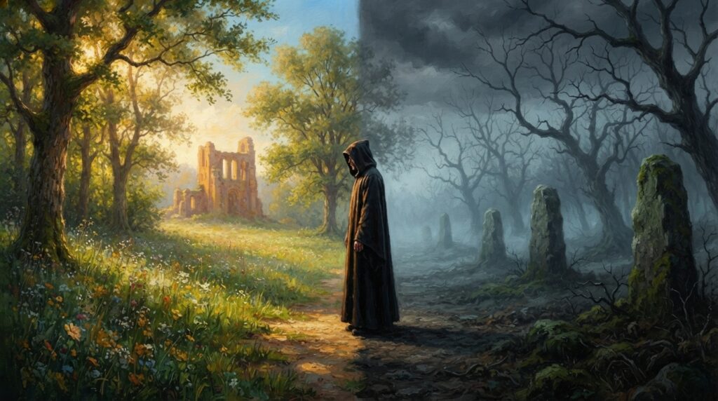 Saja standing at the crossroads between life and the afterlife