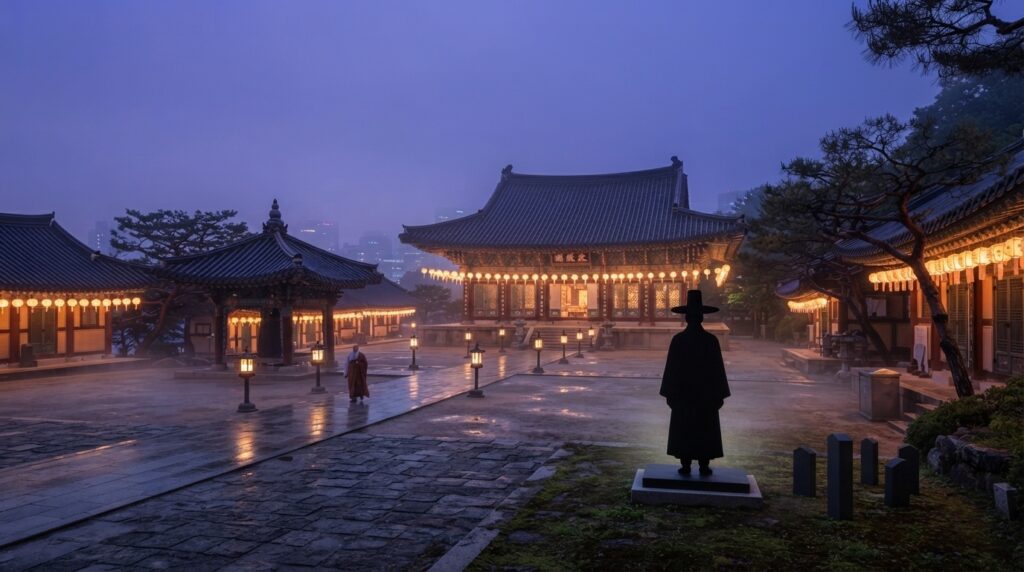 Bongeunsa Temple in Seoul at dusk, a cultural site linked rituals