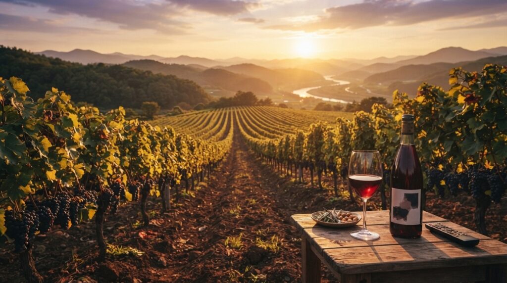 Korean vineyard in Yeongdong at sunset during harvest season