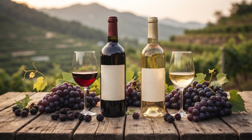Korean wines with fresh black raspberries and grapes on a rustic table