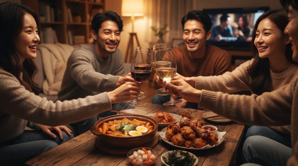 Friends toasting Korean wine at a K-drama watch party