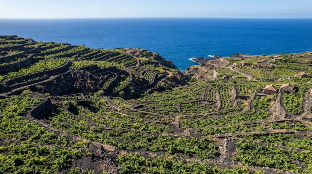 Aerial view of Jeju Island vineyard on volcanic terrain