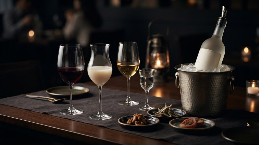 Wine glasses and serving setup for Korean wine tasting