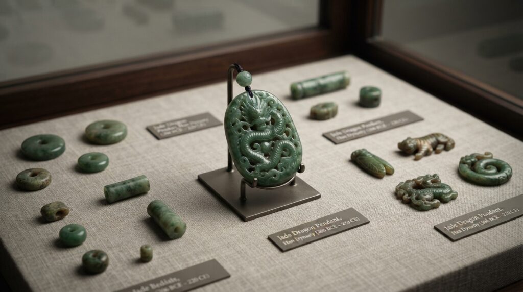 Ancient Korean jade artifacts including nephrite beads from the Silla dynasty