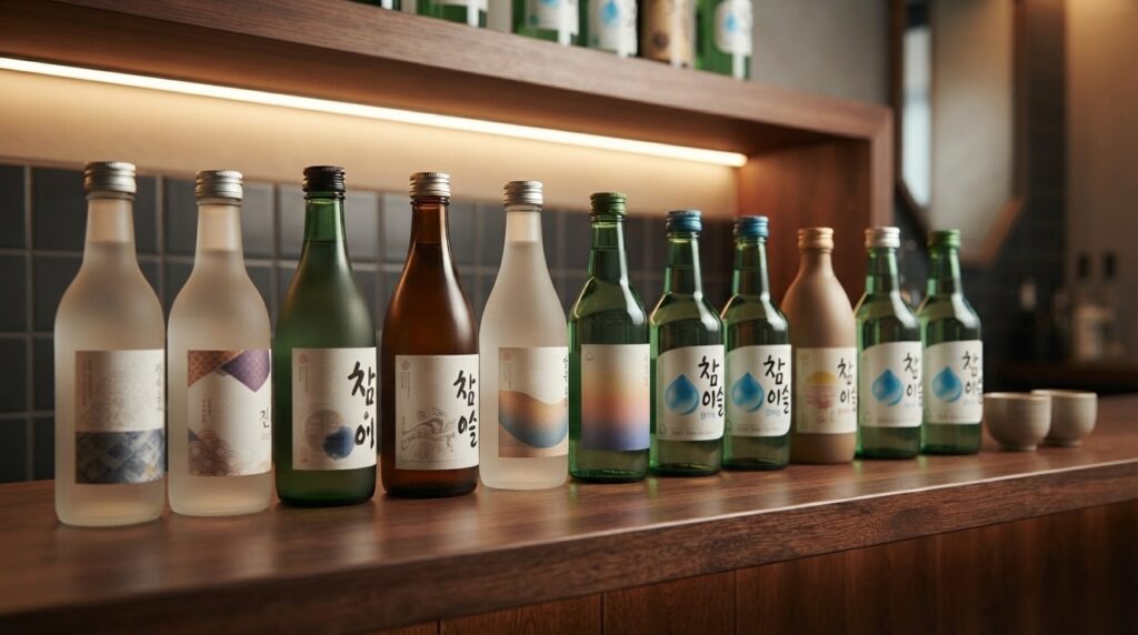 Lineup of popular Korean soju bottles showing different brands and alcohol strengths