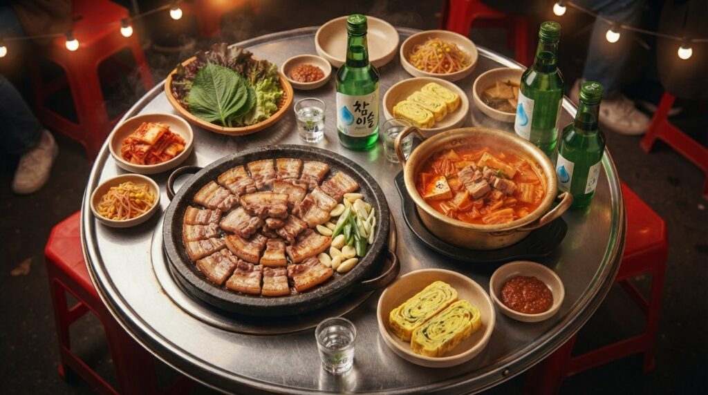 Korean grilled pork belly and kimchi stew served alongside bottles of soju