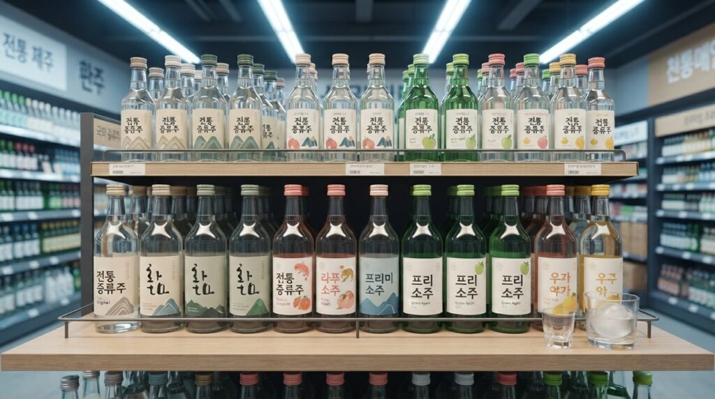 Variety of soju bottles displayed on a shelf at a Korean liquor store