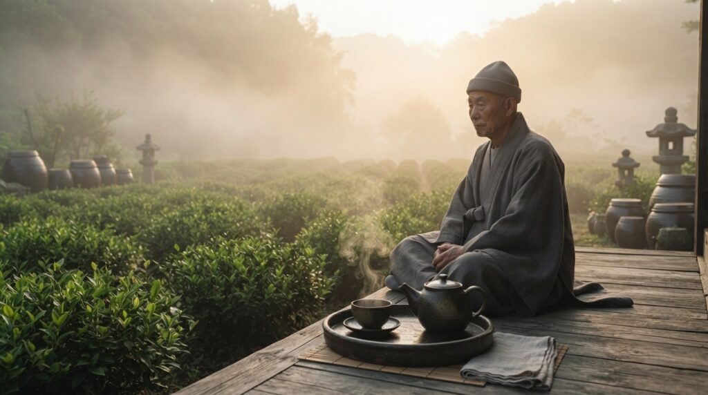 Buddhist monk meditating near tea plants in a Korean temple garden