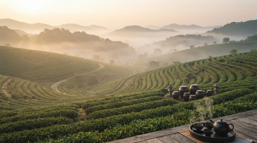 Lush green tea fields in Boseong showcasing Korean tea cultivation
