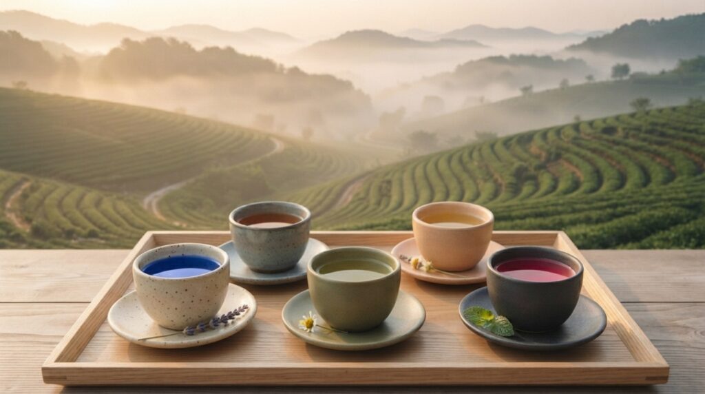 Assortment of Korean herbal teas served in ceramic cups