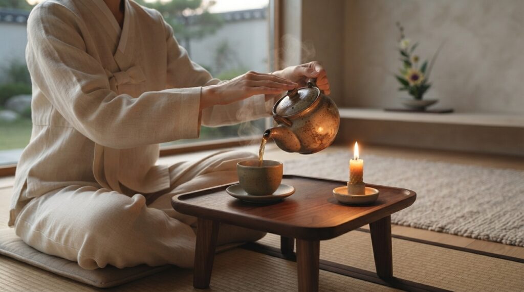 Person enjoying a quiet mindful tea ritual at home