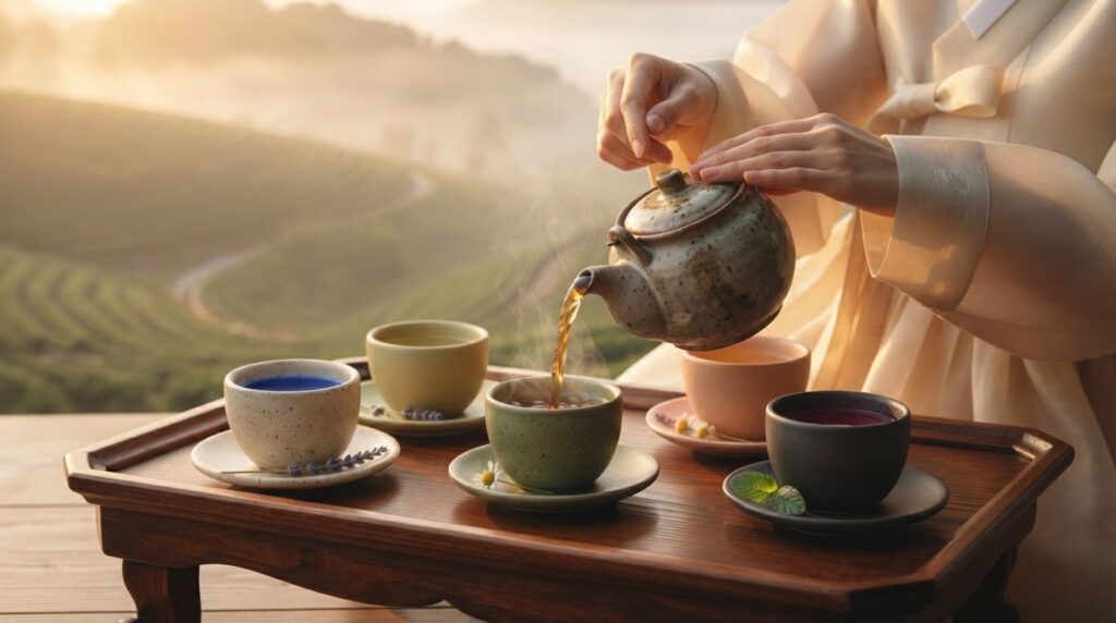 Person in hanbok pouring tea during a traditional Korean tea ceremony