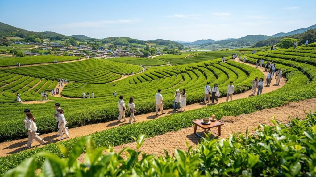 Tourists exploring the scenic Boseong green tea fields in Korea