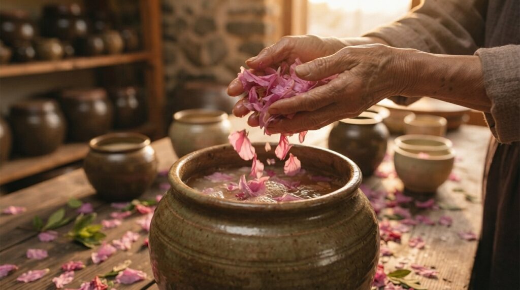 Master brewer infusing azalea petals into a fermentation vessel for dugyeonju