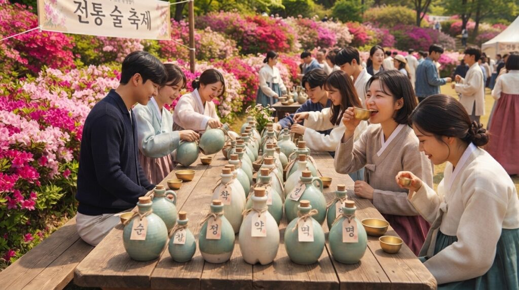 Visitors tasting dugyeonju rice wine at the Myeoncheon Dugyeonju Festival