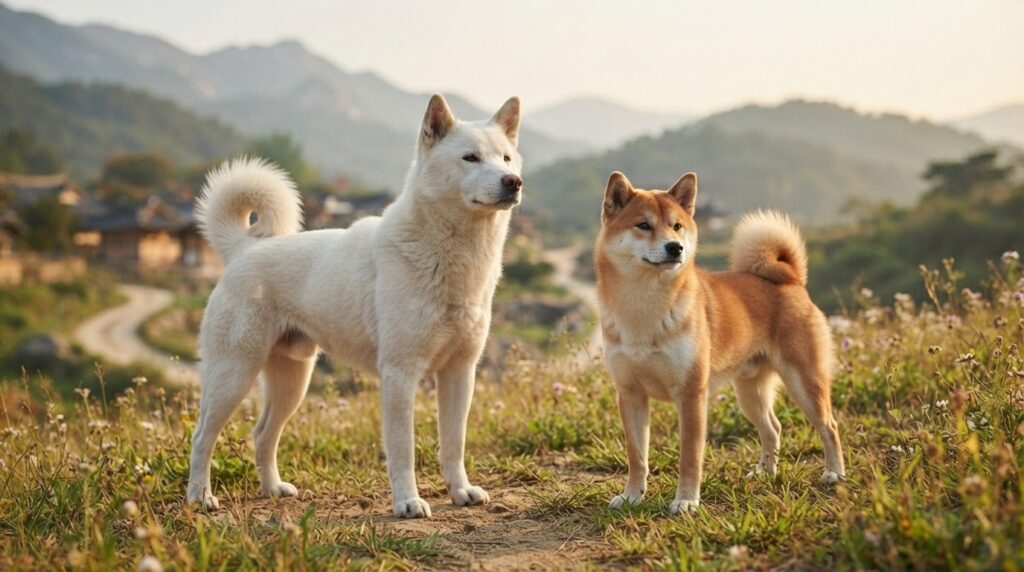 Jindo Dog and Shiba Inu compared side by side for size and build