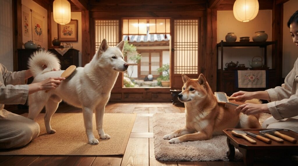 Jindo Dog and Shiba Inu grooming session showing their double coats