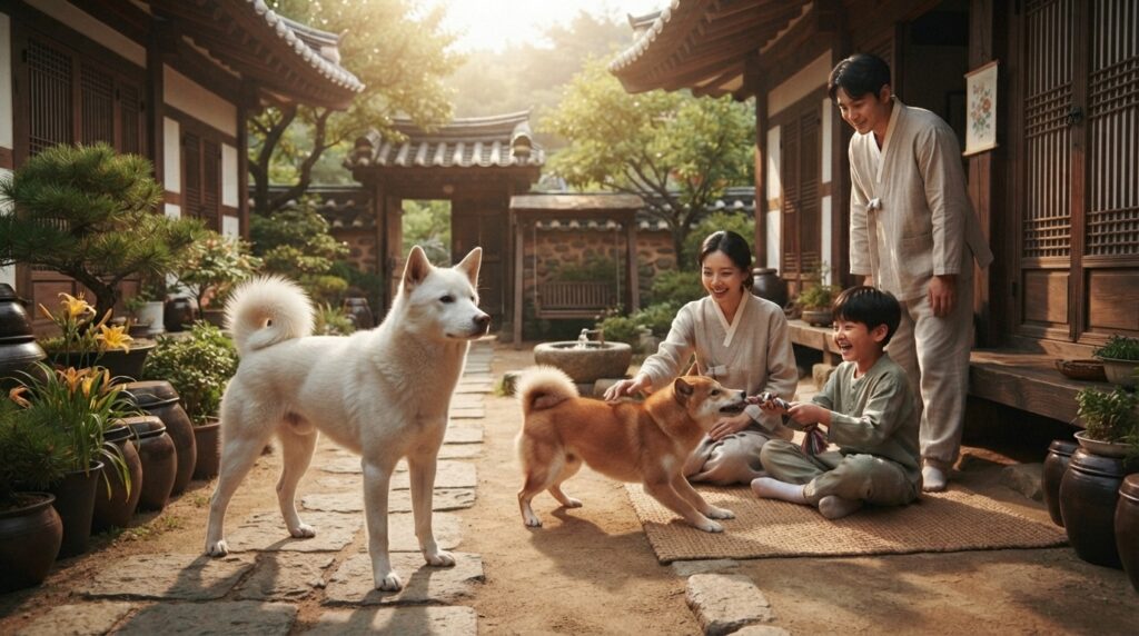 Jindo Dog in a protective stance and Shiba Inu playing with family