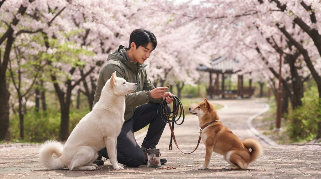 Jindo Dog and Shiba Inu training session in a Korean park with cherry blossoms