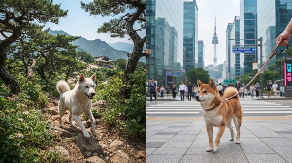 Jindo Dog hiking in the mountains and Shiba Inu in urban Seoul