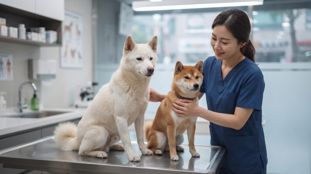 Veterinarian examining a Jindo Dog and a Shiba Inu in a Korean clinic