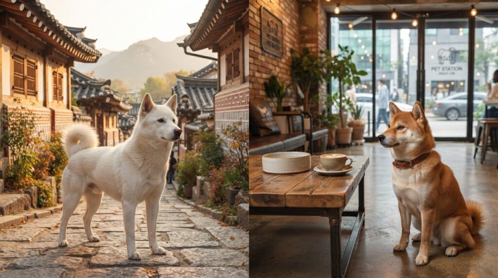 Jindo Dog in a traditional Korean village and Shiba Inu in a Seoul cafe