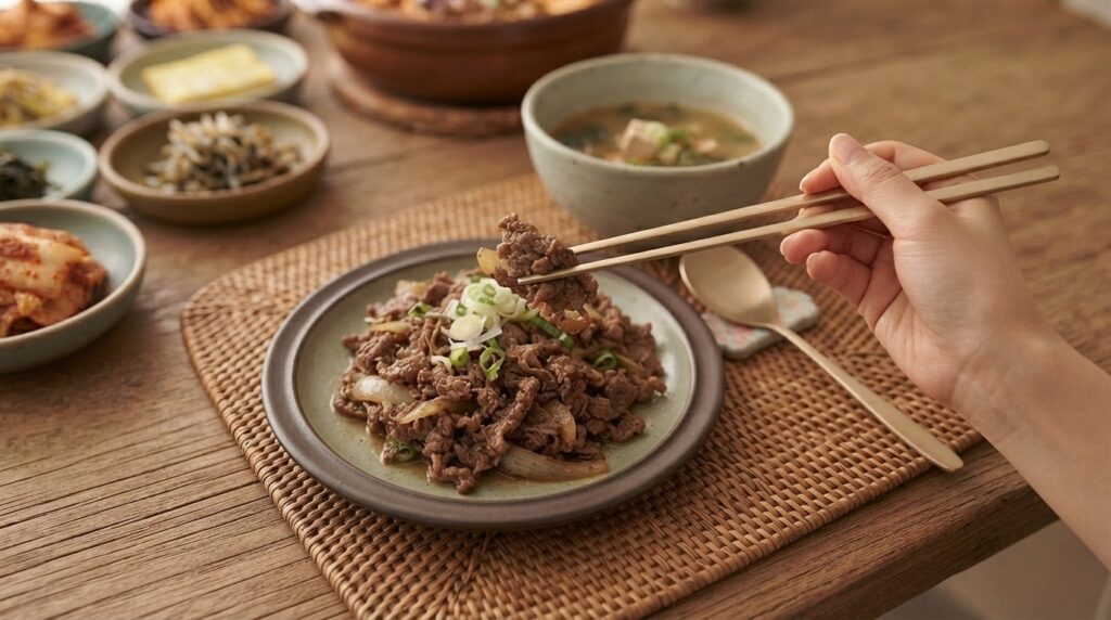Hand holding Korean chopsticks picking up bulgogi with spoon nearby