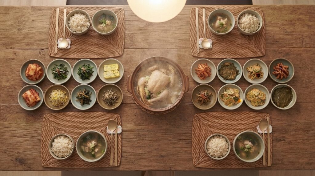 Traditional Korean dining table with banchan, samgyetang, and utensil sets